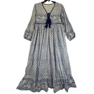 Karni Women's‎ Maxi Dress Blue White Floral Print Tassel Tie Bohemian Boho Large